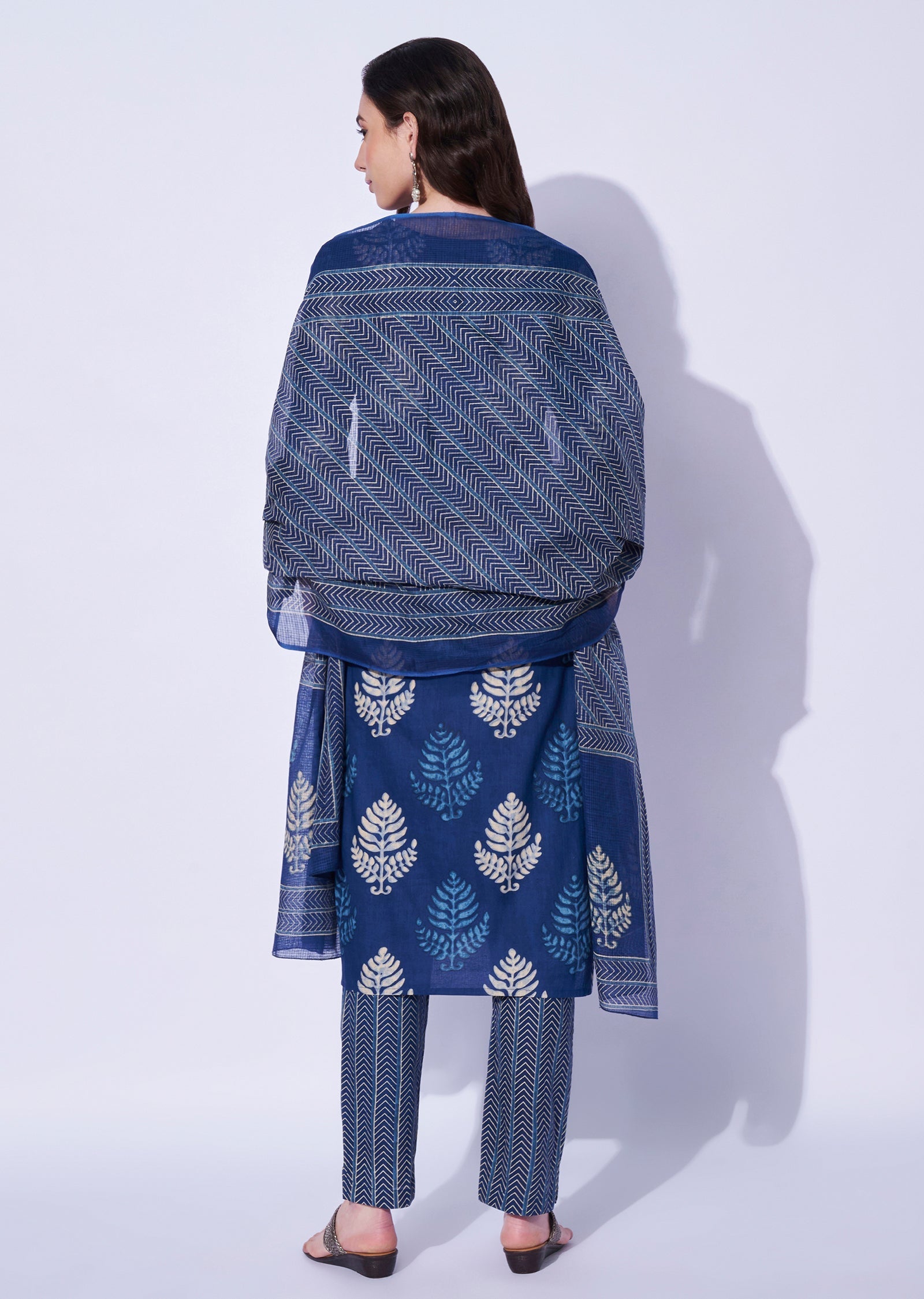 Blue Cotton Straight Cut Kurti Set