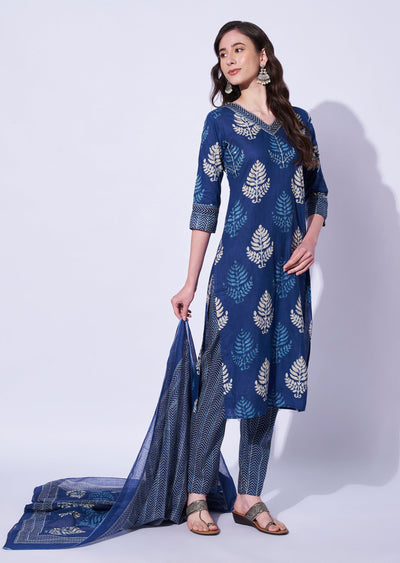 Blue Cotton Straight Cut Kurti Set