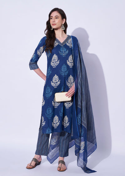Blue Cotton Straight Cut Kurti Set