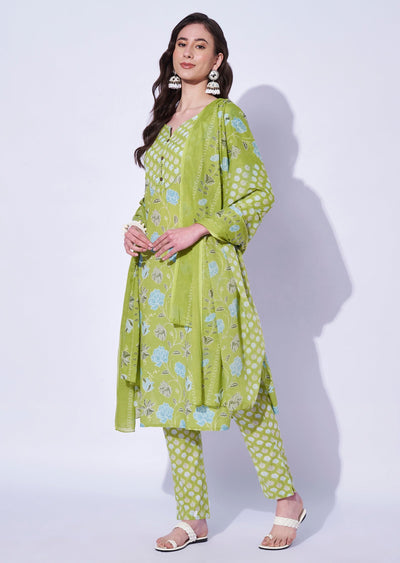 Parrot Green Cotton Straight Cut Kurti Set