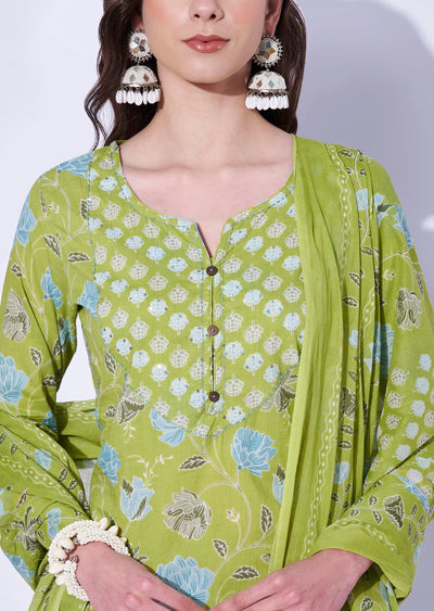Parrot Green Cotton Straight Cut Kurti Set