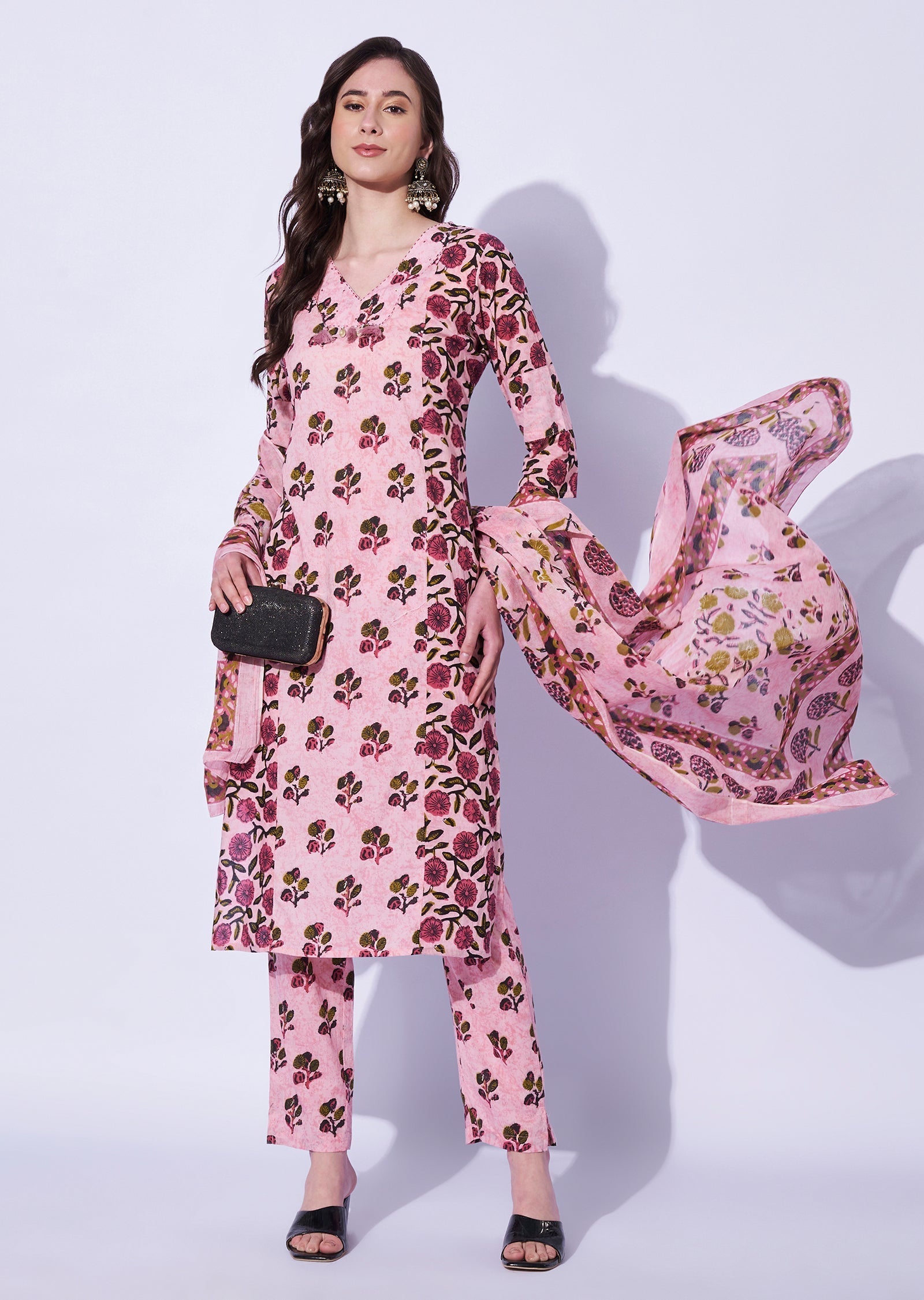 Pink Cotton Straight Cut Kurti Set