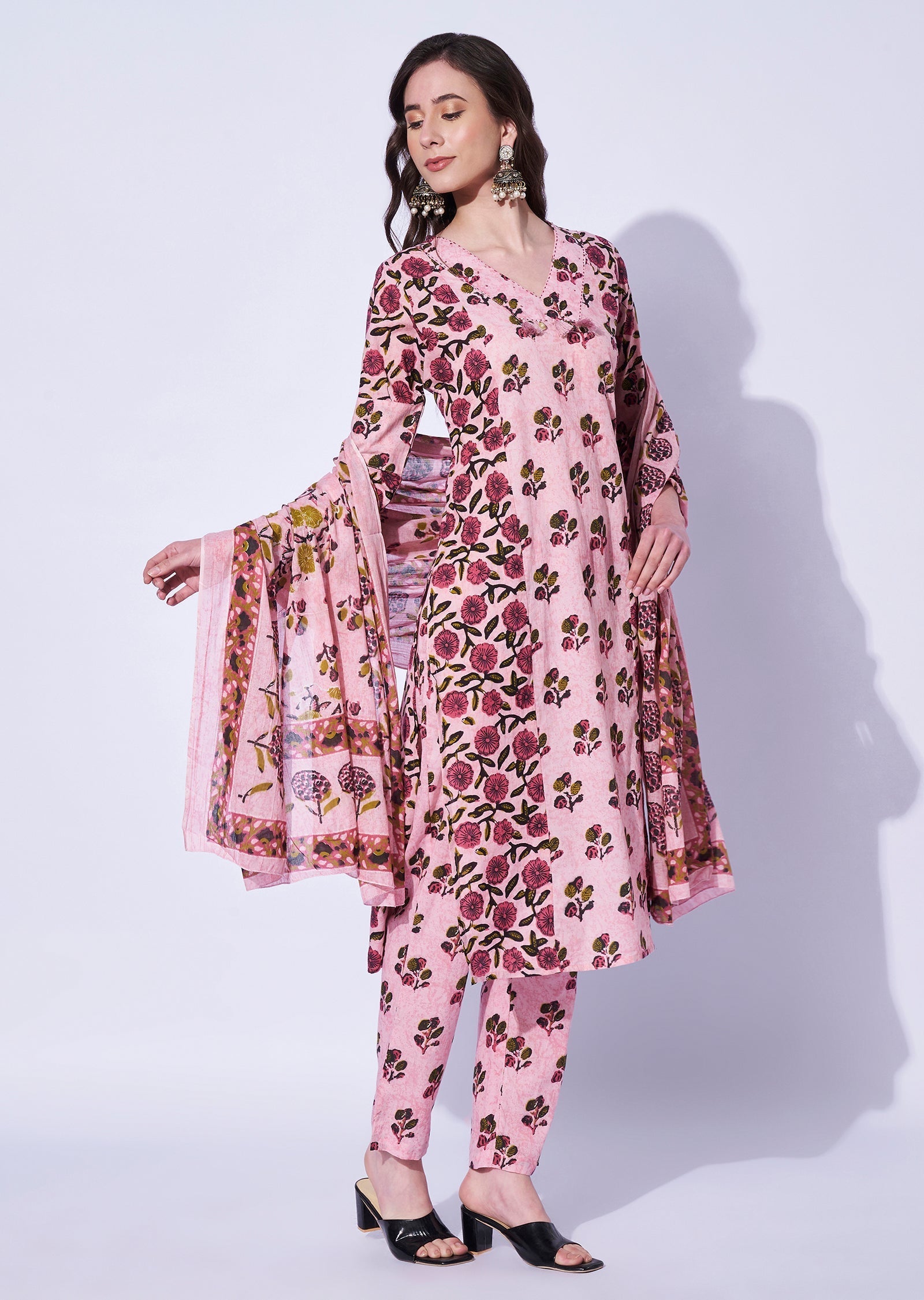 Pink Cotton Straight Cut Kurti Set