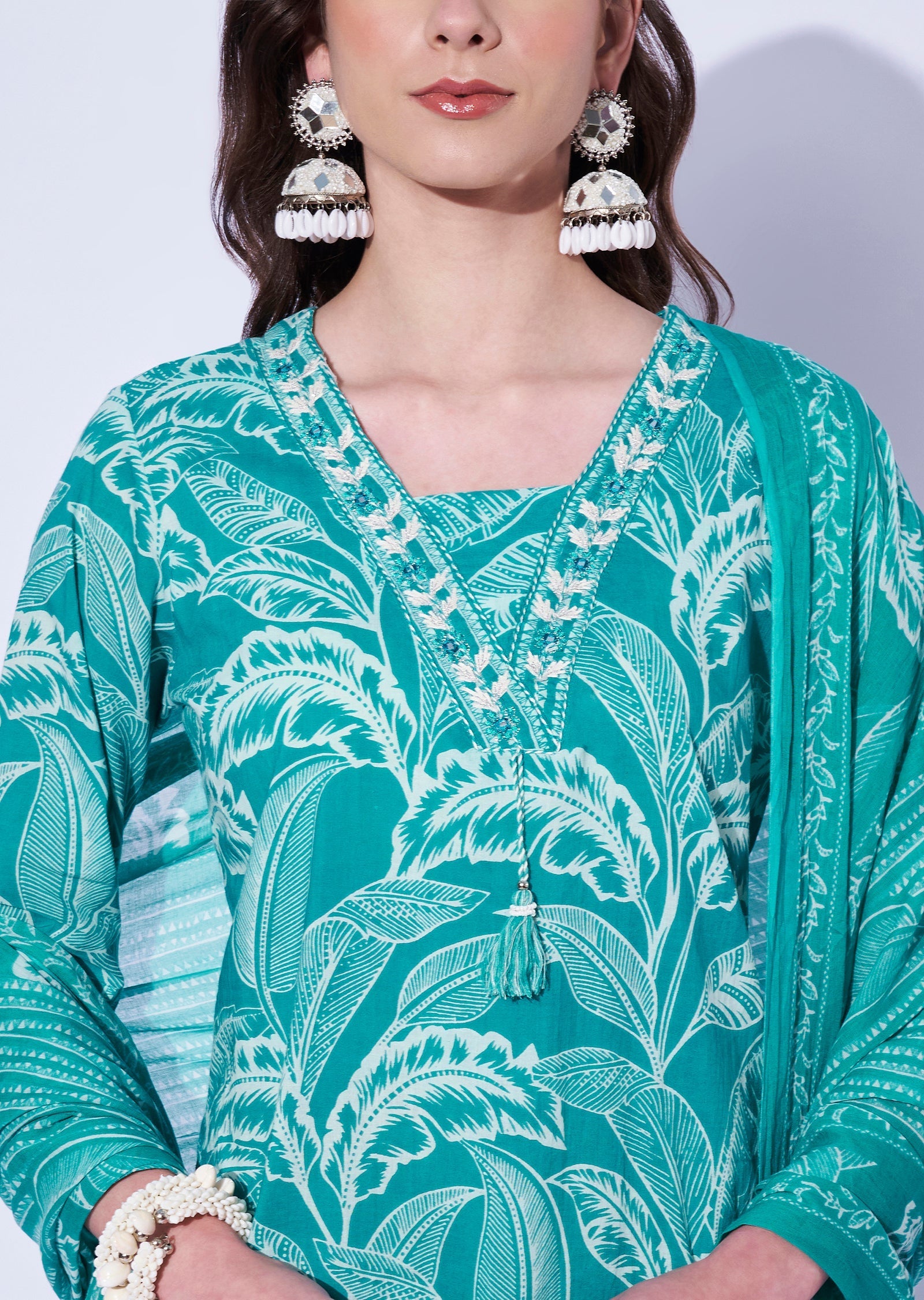 Sea Green Cotton Straight Cut Kurti Set