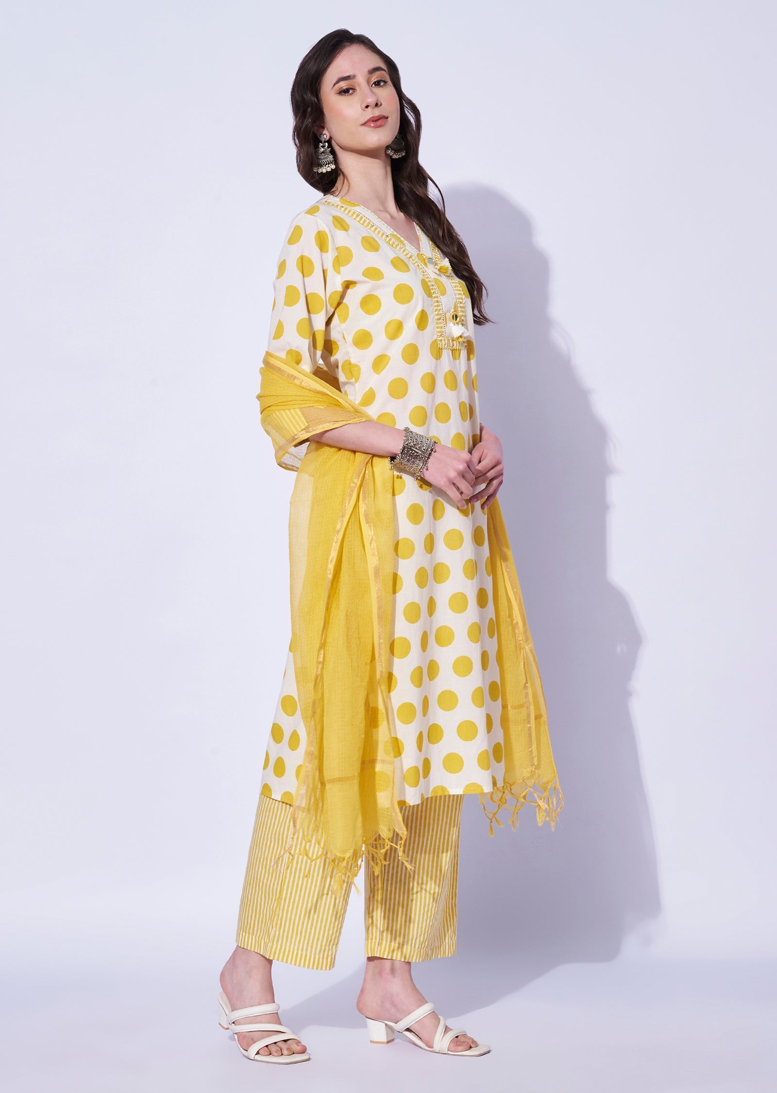 Yellow Cotton Straight Cut Kurti Set