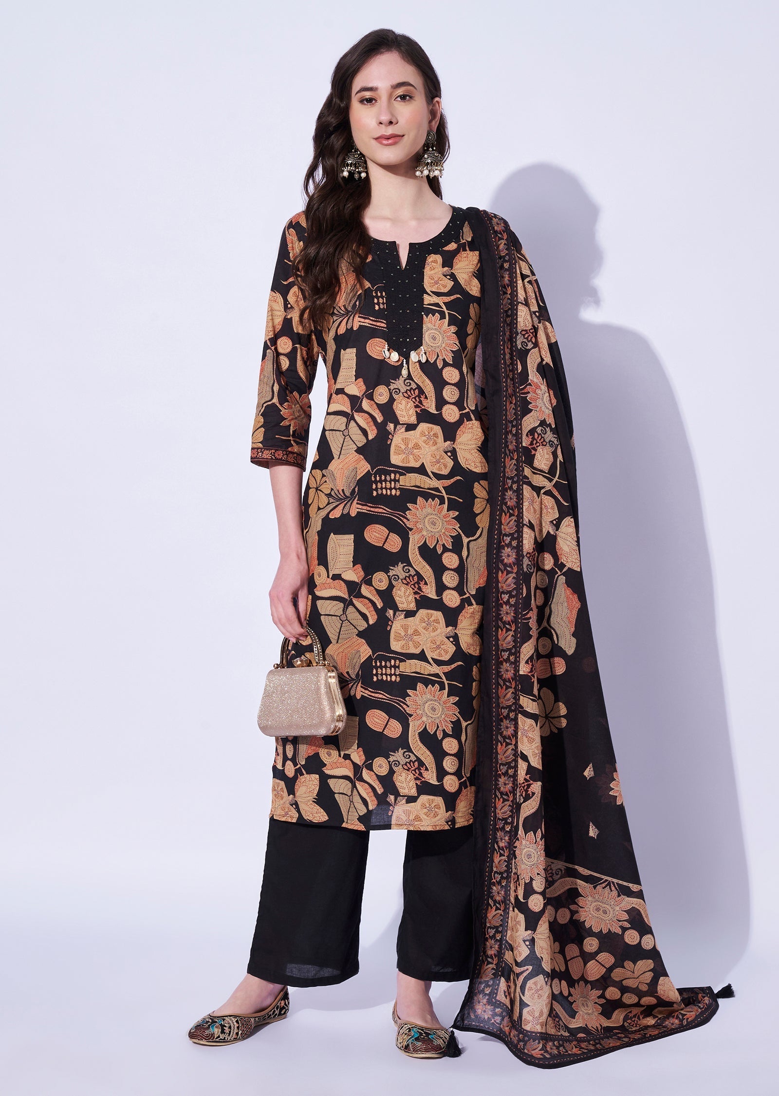 Black Cotton Straight Cut Kurti Set