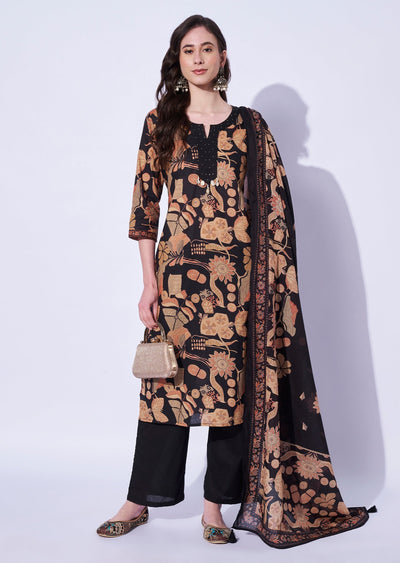 Black Cotton Straight Cut Kurti Set