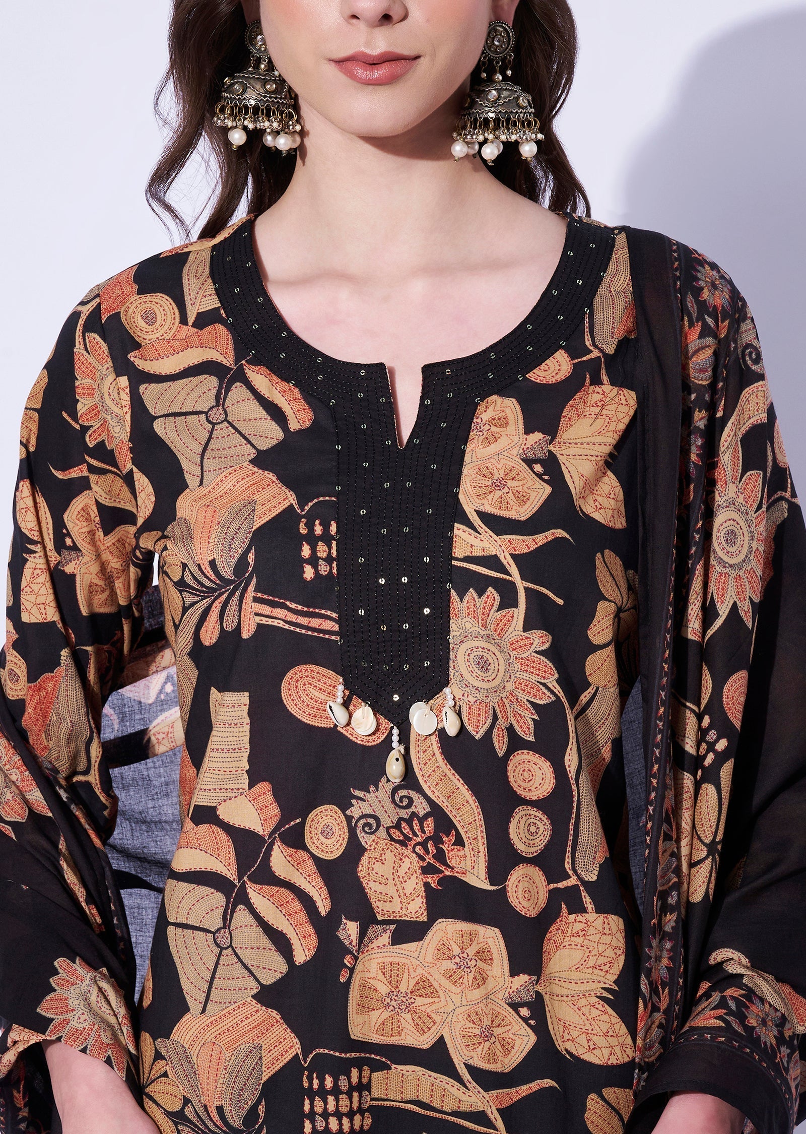 Black Cotton Straight Cut Kurti Set