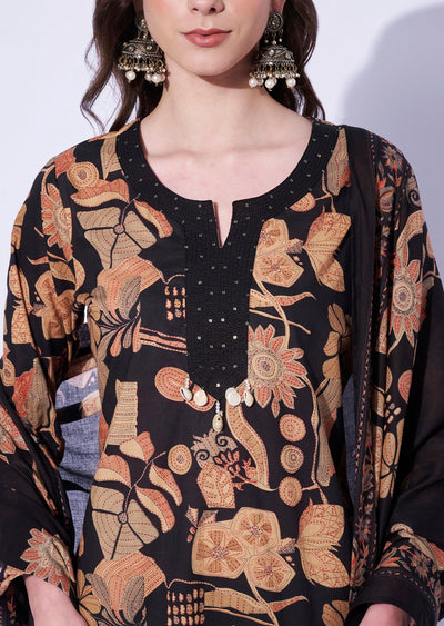 Black Cotton Straight Cut Kurti Set
