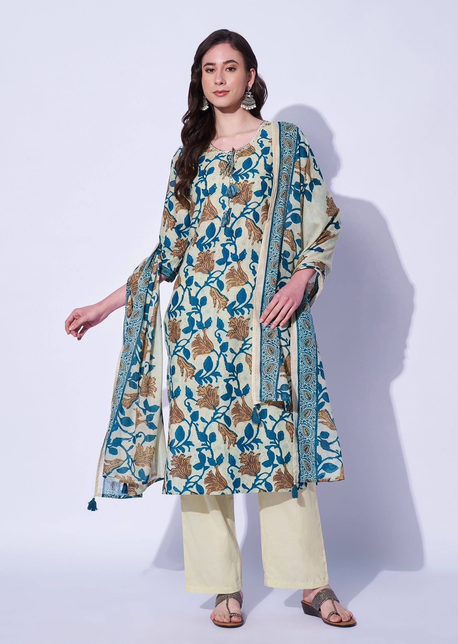 Rama Blue Cotton Straight Cut Kurti Set