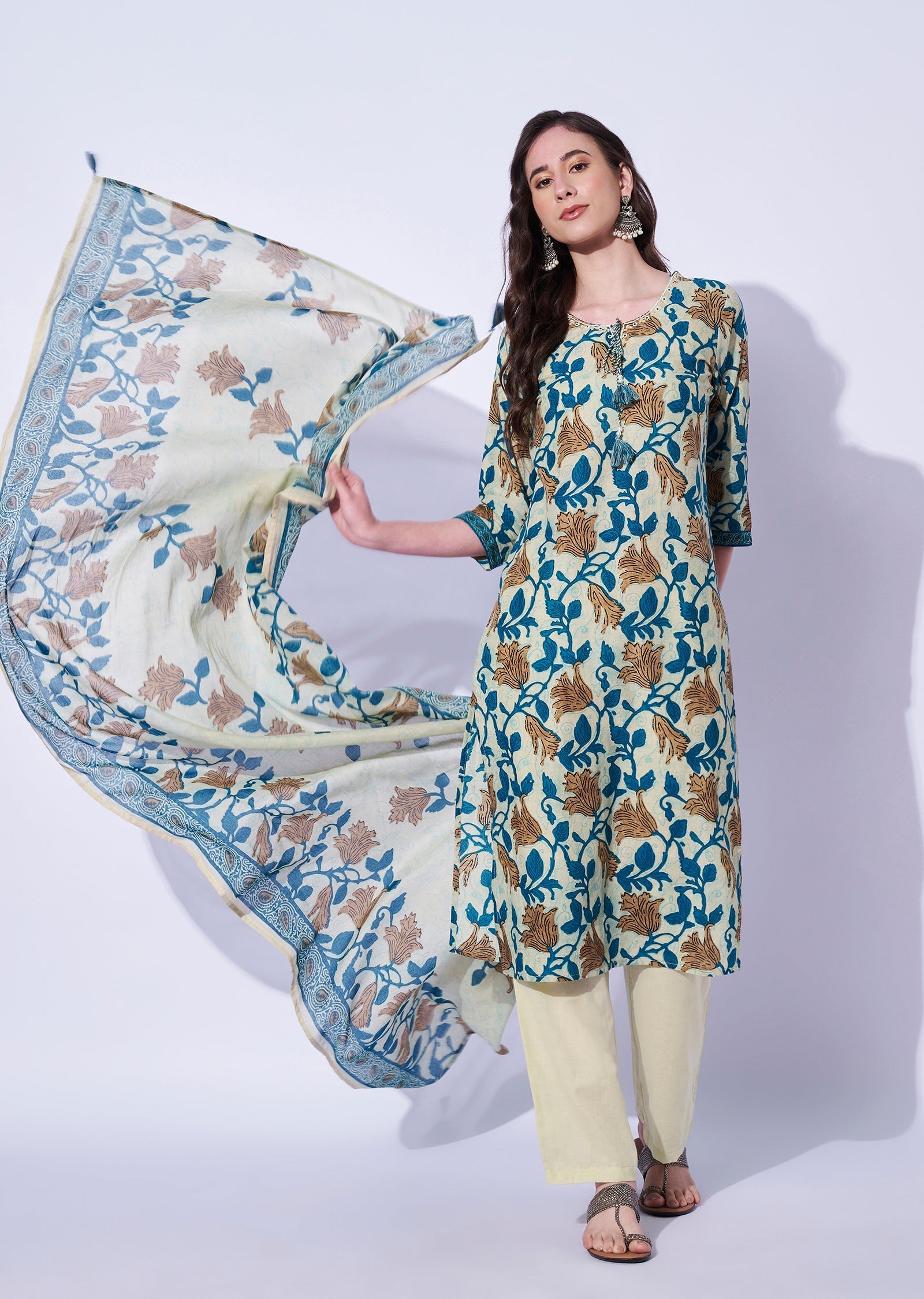 Rama Blue Cotton Straight Cut Kurti Set