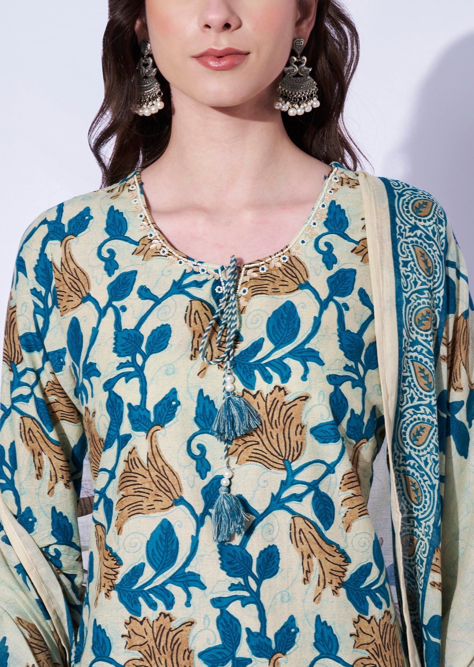 Rama Blue Cotton Straight Cut Kurti Set