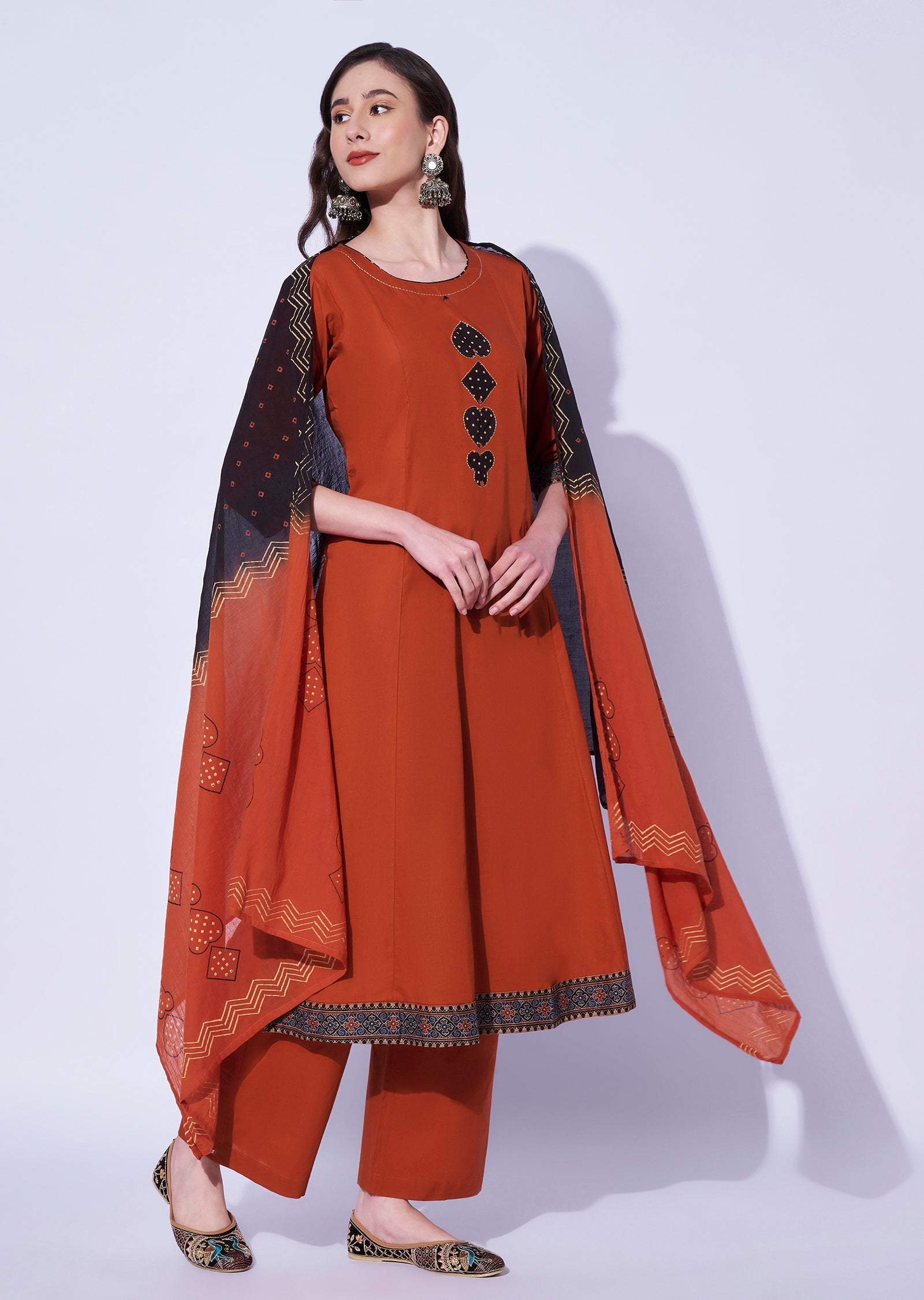 Dark Rust Cotton Straight Cut Kurti Set