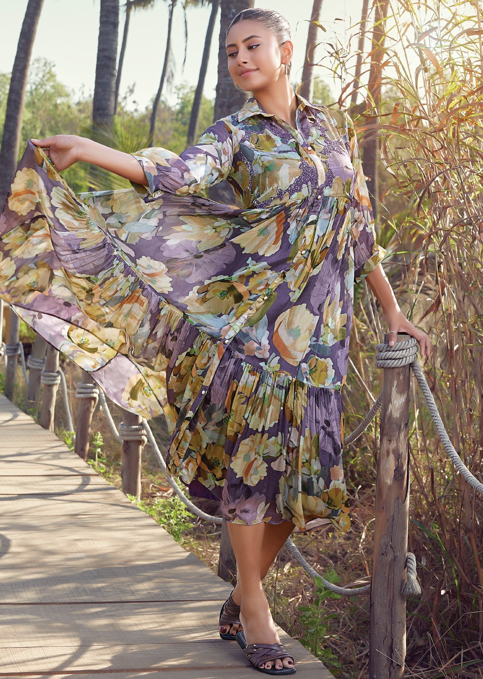 Purple Chinnon Frock Style kurti