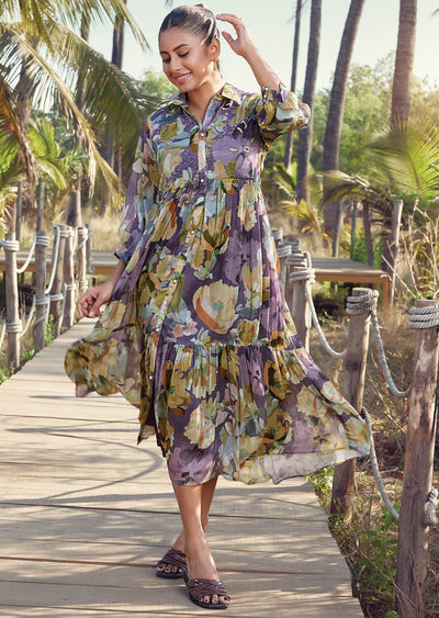 Purple Chinnon Frock Style kurti