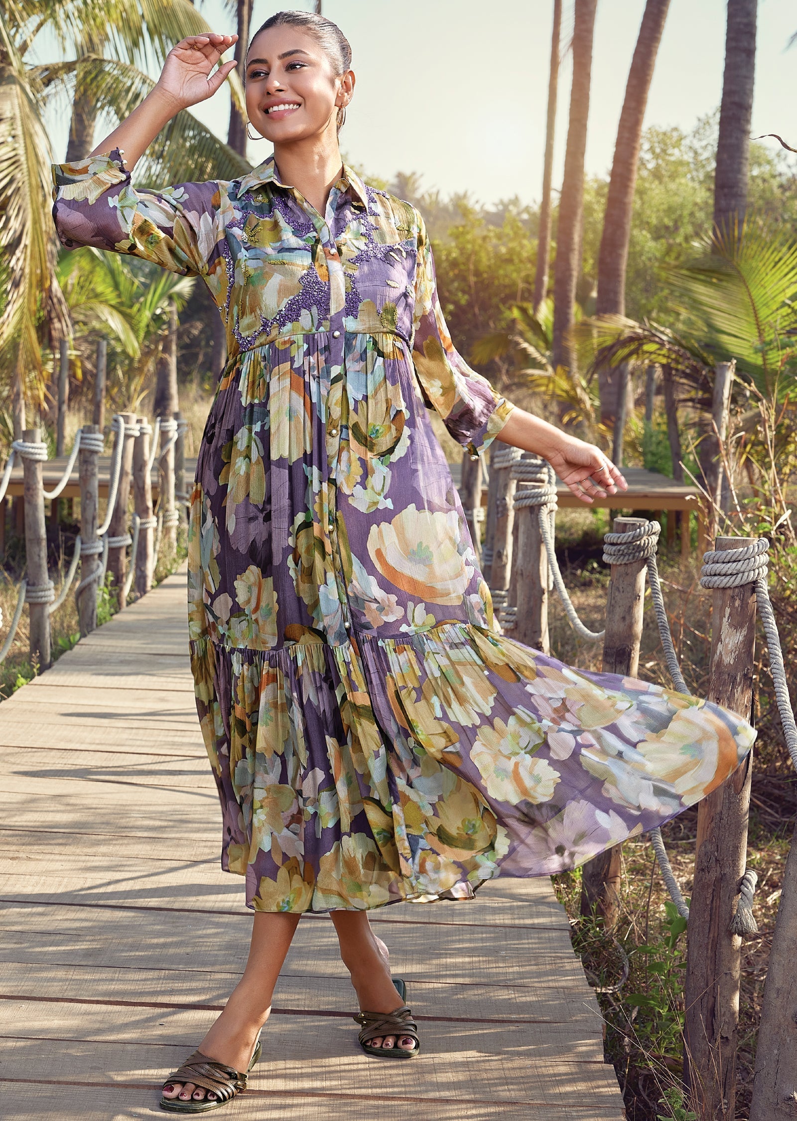 Purple Chinnon Frock Style kurti