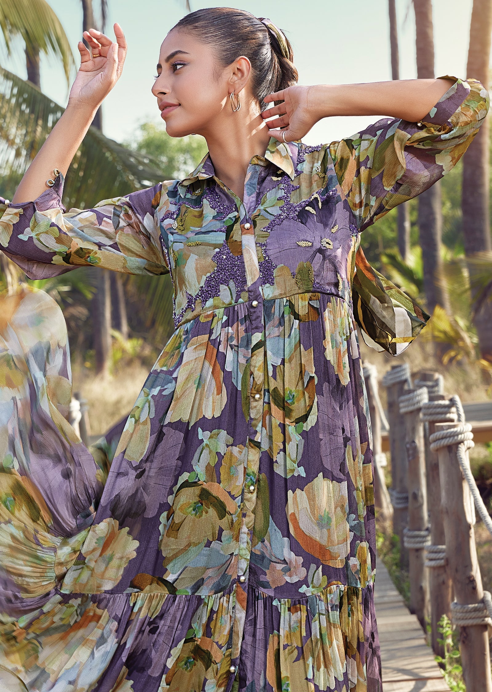 Purple Chinnon Frock Style kurti