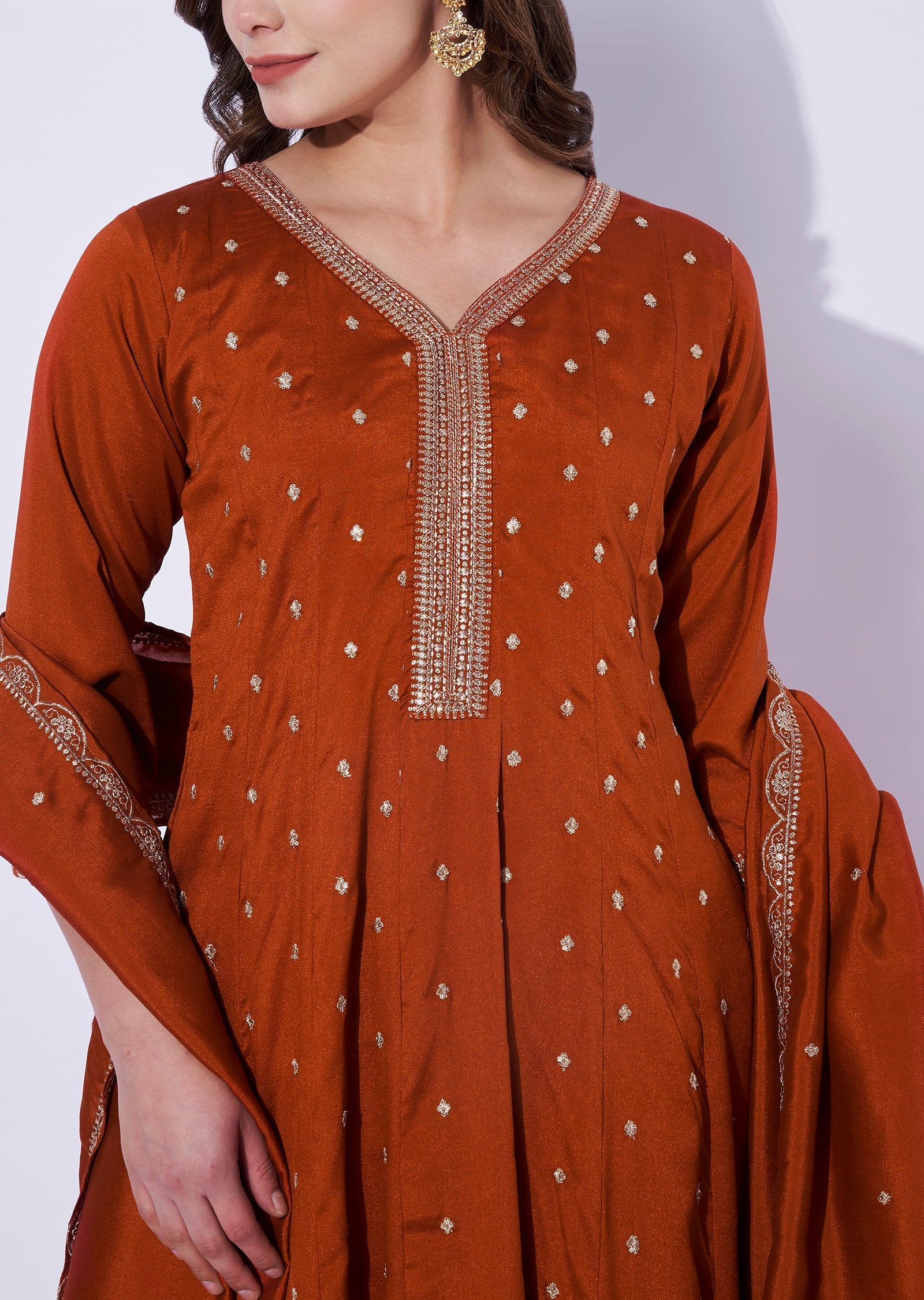 Rust Silk Anarkali Set
