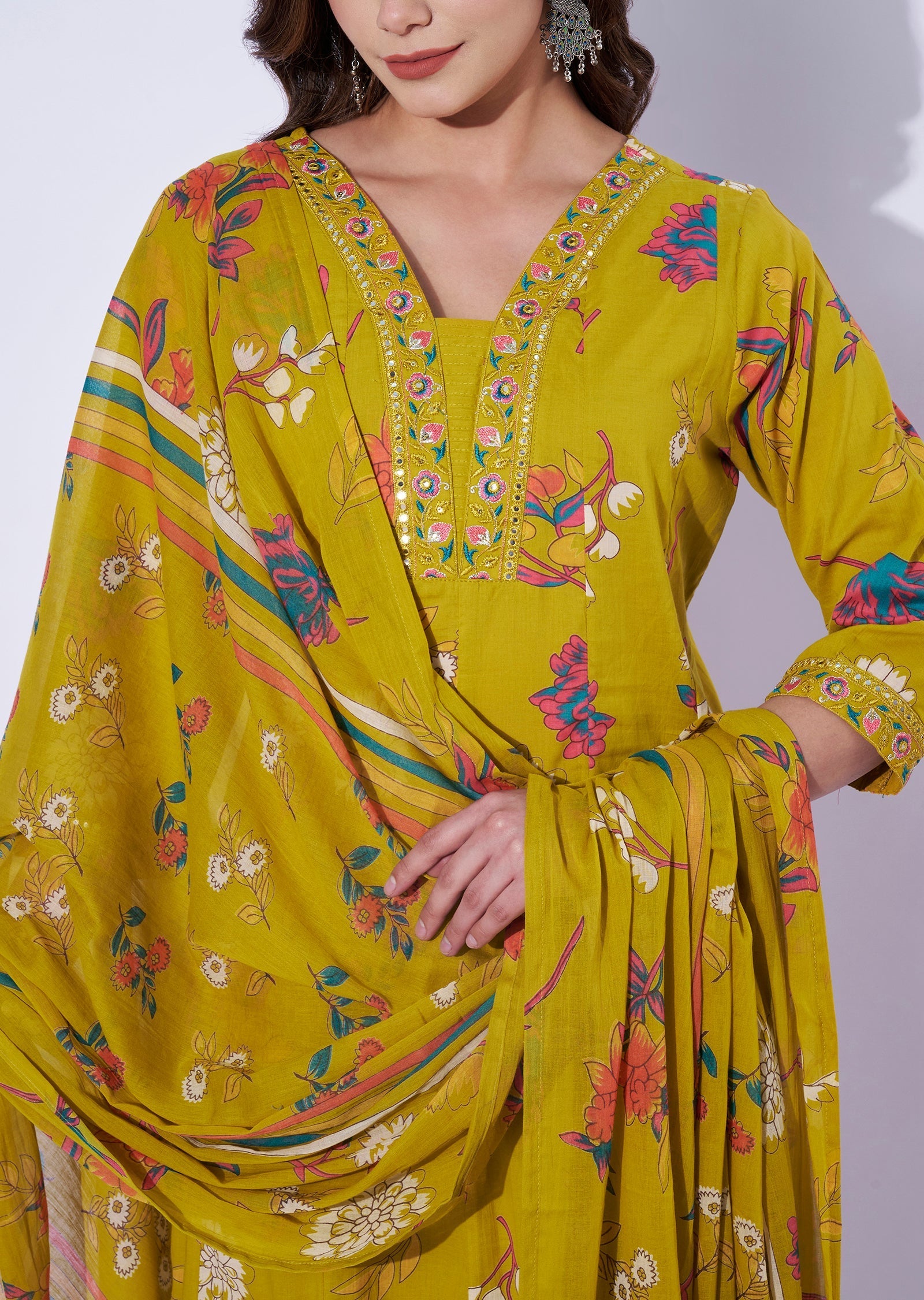 Mustard Cotton Anarkali Set