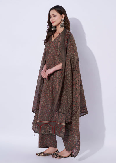 Brown Cotton Straight Cut Suit