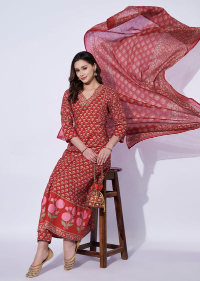 Red Cotton Anarkali Set