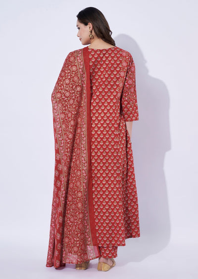 Red Cotton Anarkali Set