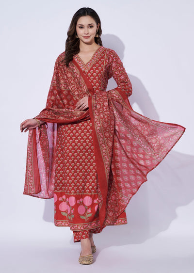 Red Cotton Anarkali Set