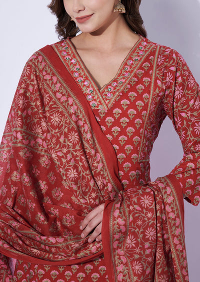 Red Cotton Anarkali Set