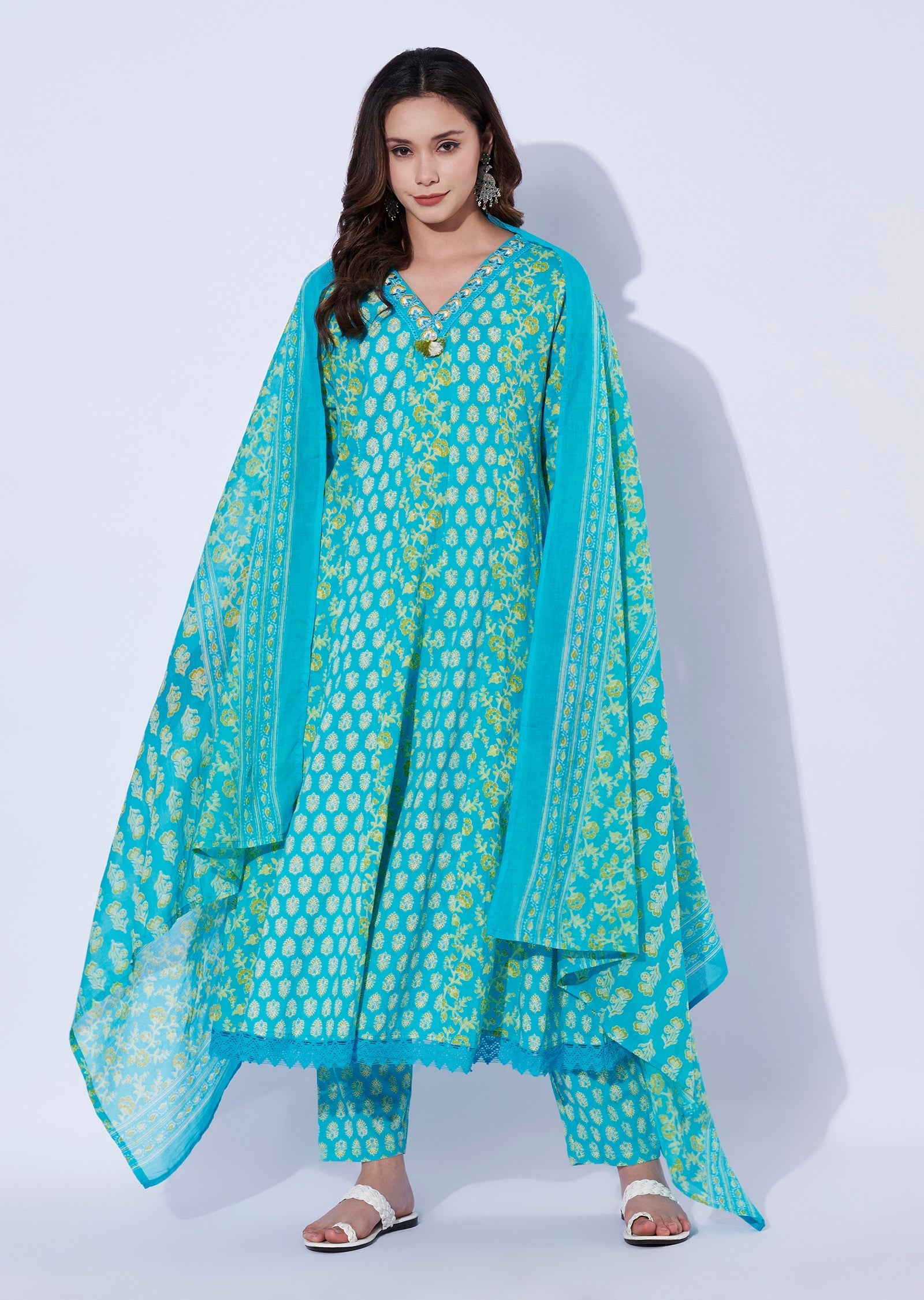 Blue Cotton Anarkali Set