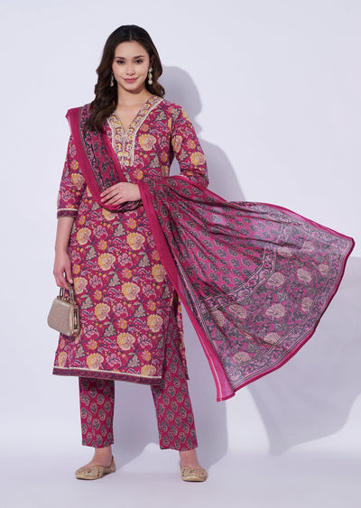 Wine Cotton Straight Cut Suit