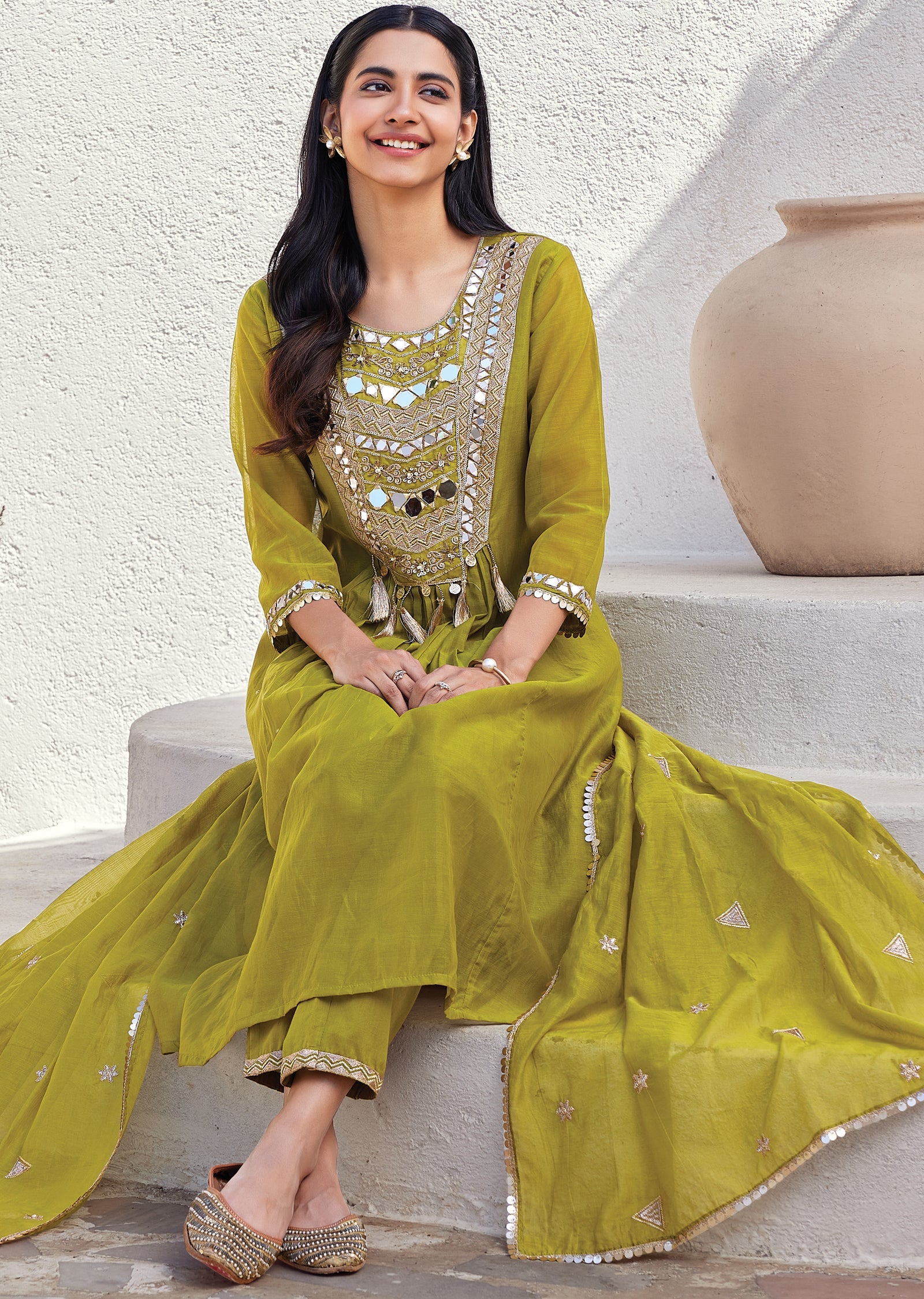 Green Mul chanderi Anarkali