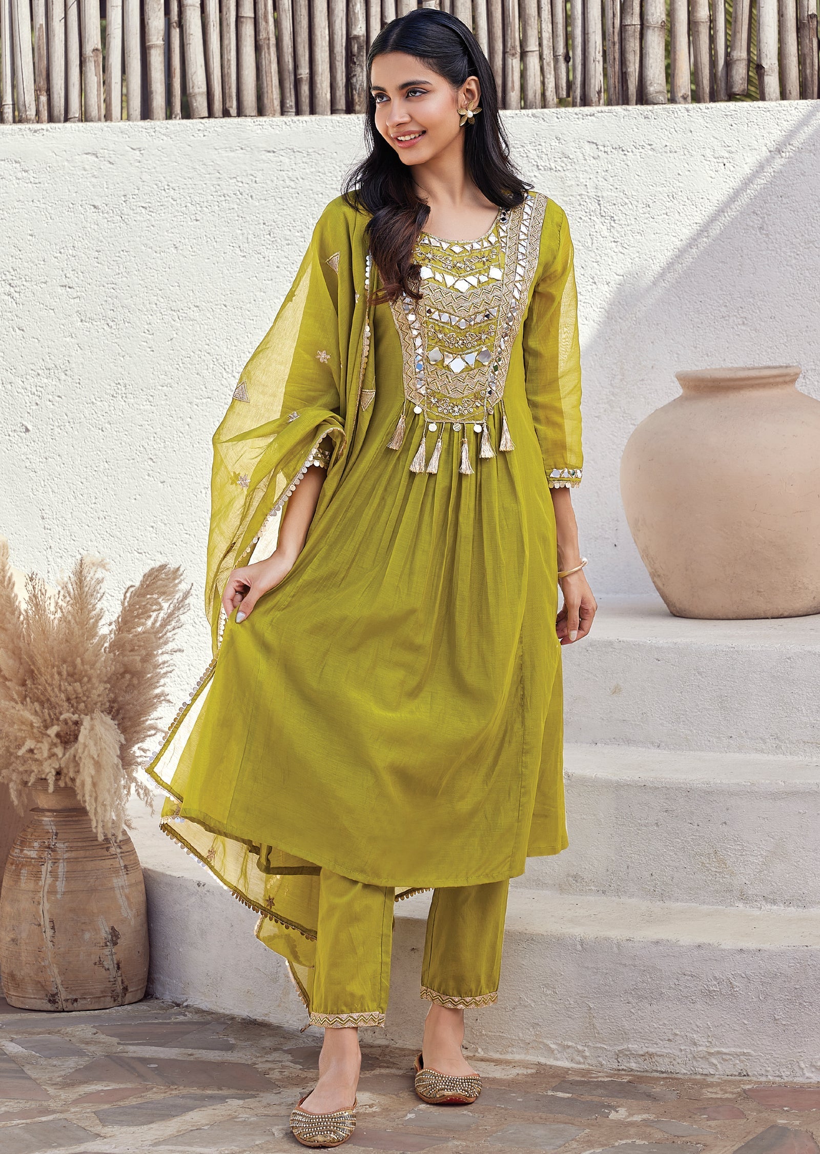 Green Mul chanderi Anarkali