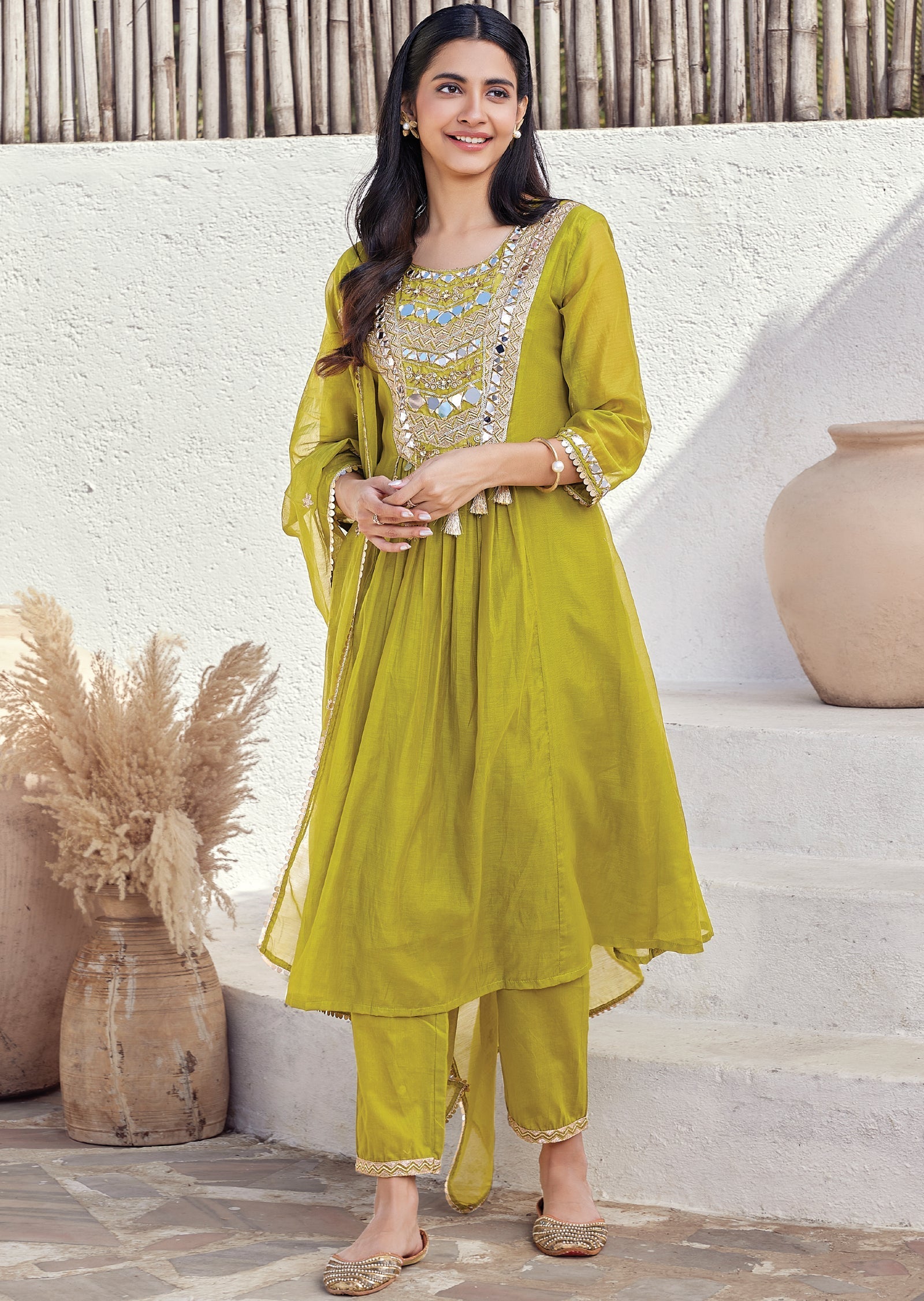 Green Mul chanderi Anarkali