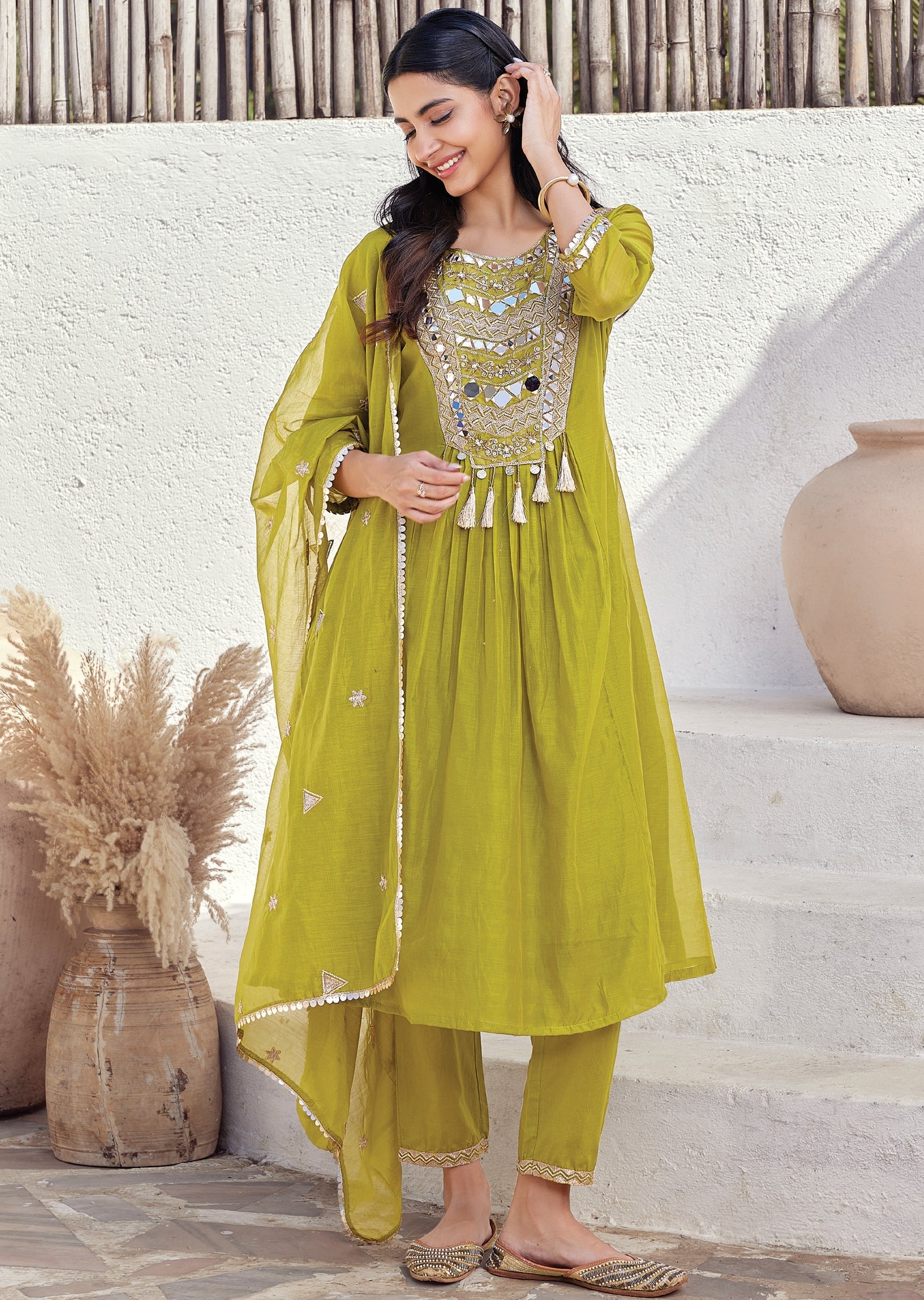 Green Mul chanderi Anarkali