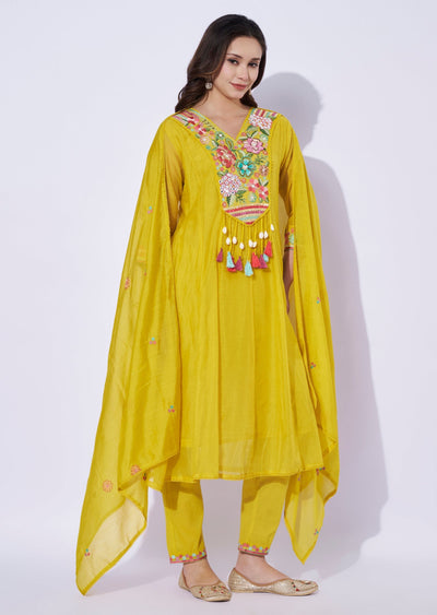 Yellow Chanderi Anarkali Set