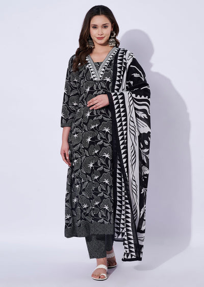 Black Cotton Anarkali Set