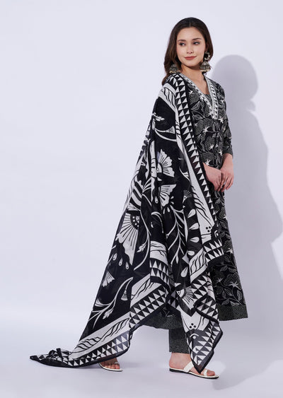 Black Cotton Anarkali Set