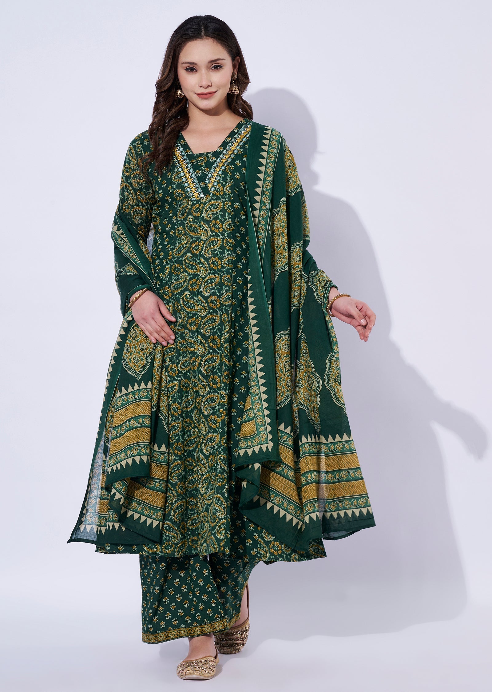 Green Cotton Anarkali Set