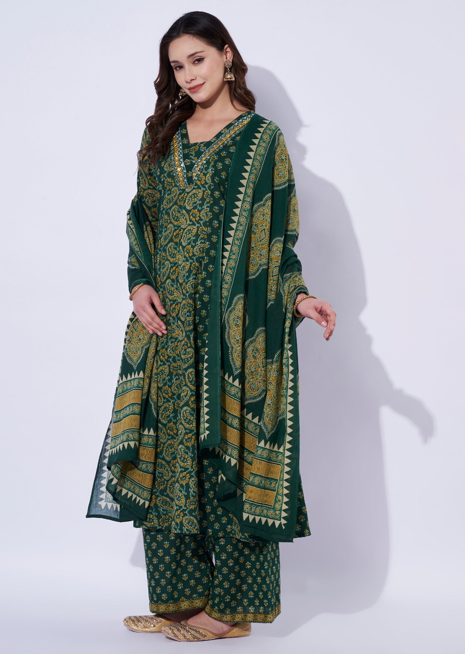 Green Cotton Anarkali Set