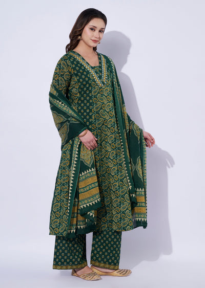 Green Cotton Anarkali Set