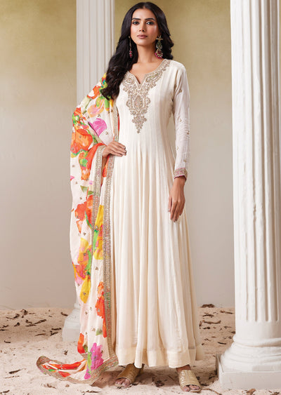 Cream Chinnon Anarkali (No Bottom)