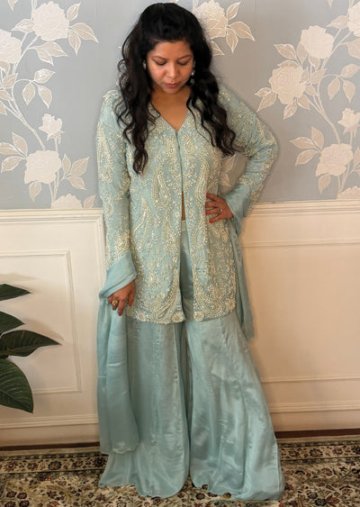 Blue Chinnon Sharara Set