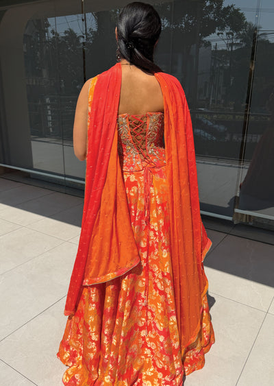 Orange Silk Corset Lehenga