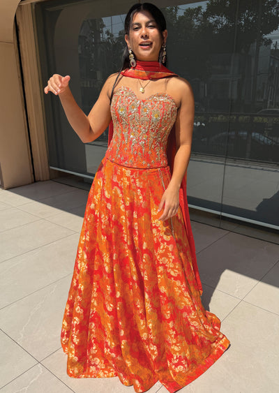 Orange Silk Corset Lehenga