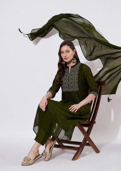 Olive Green Silk Anarkali