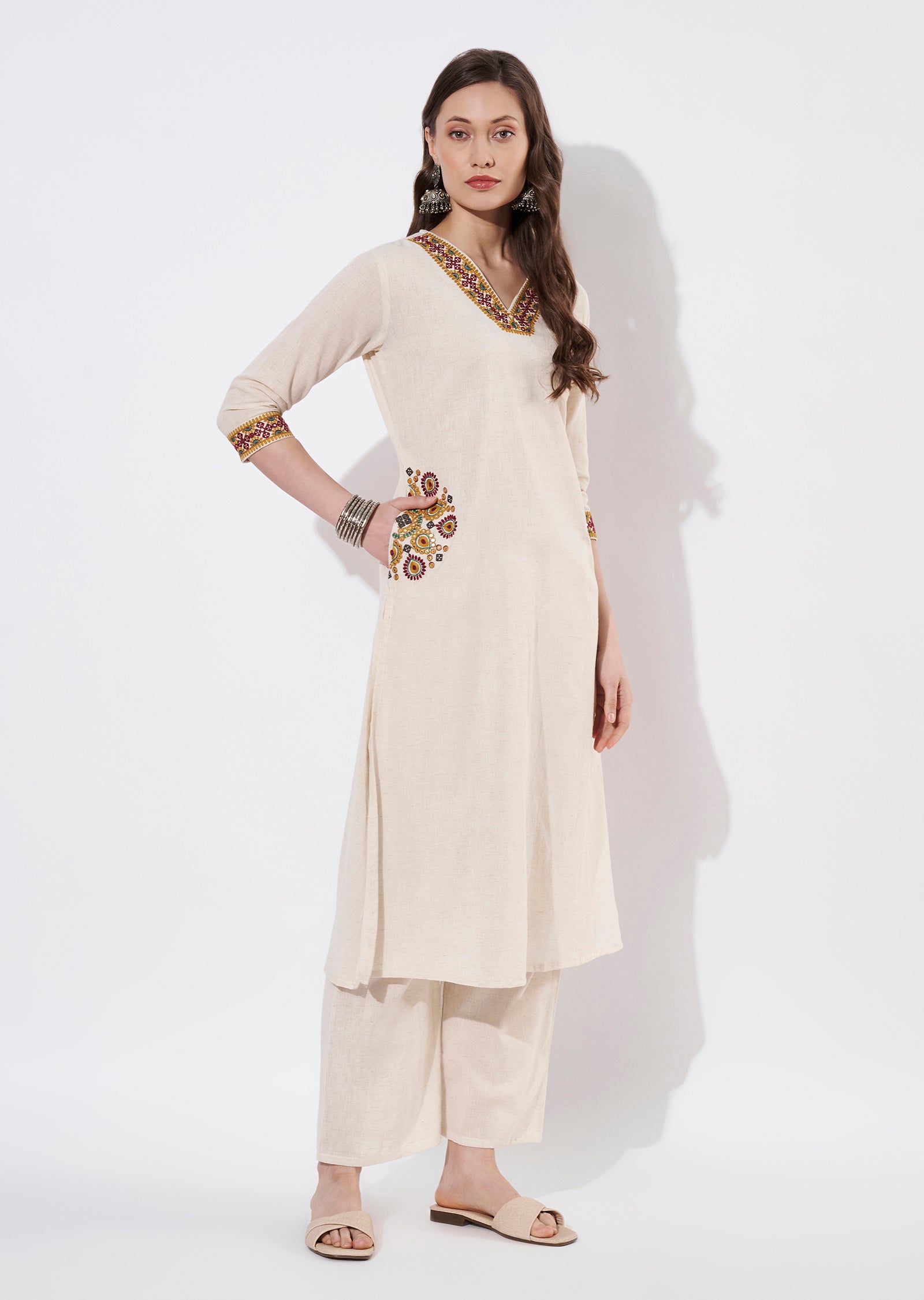 Beige Cotton Straight cut set
