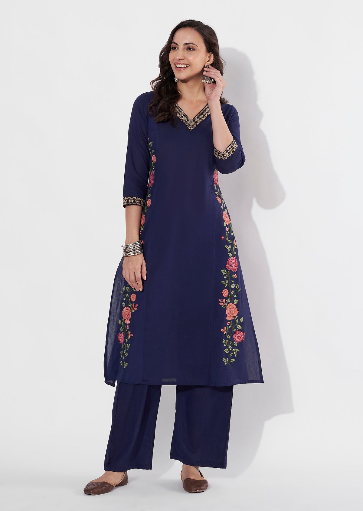 Navy Blue Cotton Straight cut Kurti set