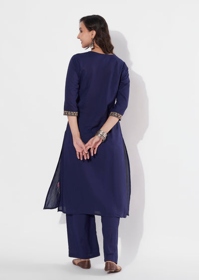 Navy Blue Cotton Straight cut Kurti set