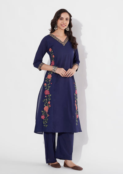 Navy Blue Cotton Straight cut Kurti set