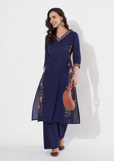 Navy Blue Cotton Straight cut Kurti set